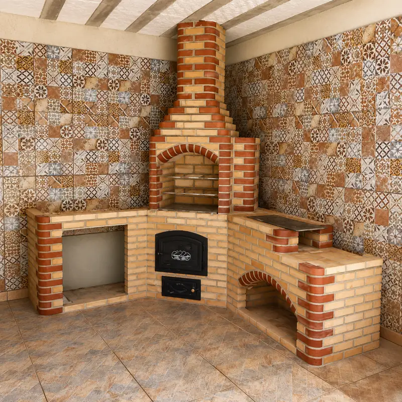 Churrasqueira de Tijolo Palha com Canto Vermelho, Forno Iglu de Pizza, Fogão 3 Bocas e Bancada 1,50m