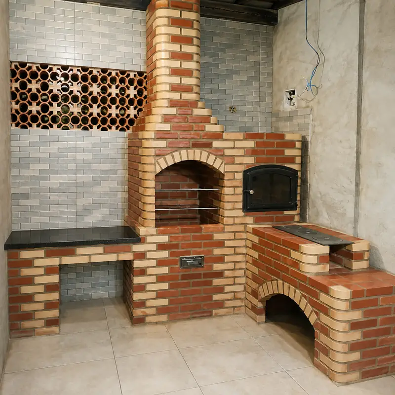 Churrasqueira em L linear com forno fogão canto palha e bancada